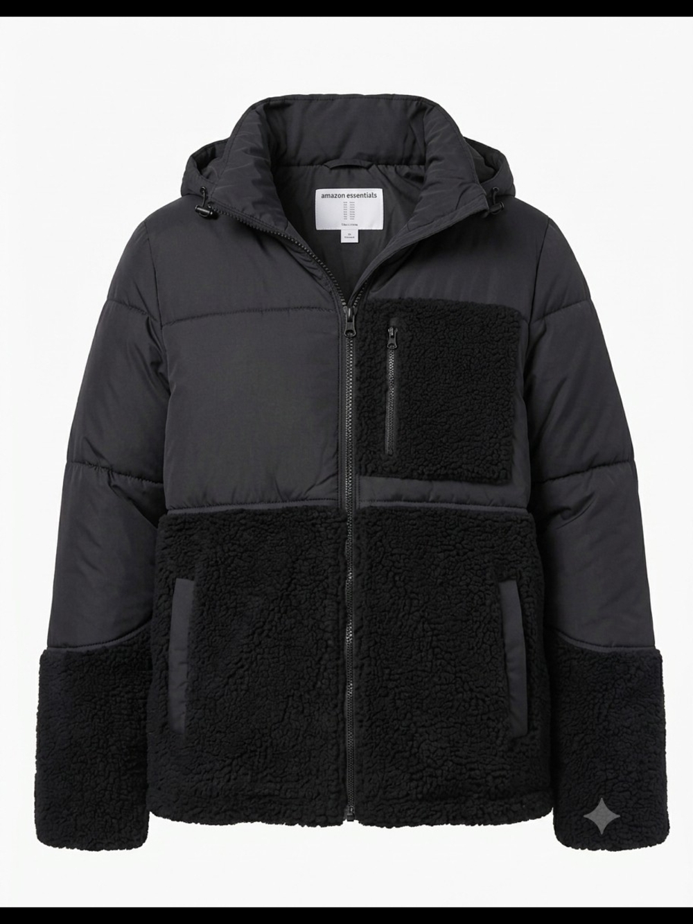 Amazon Mixed-Media Sherpa Hooded Puffer Jacket in Black
